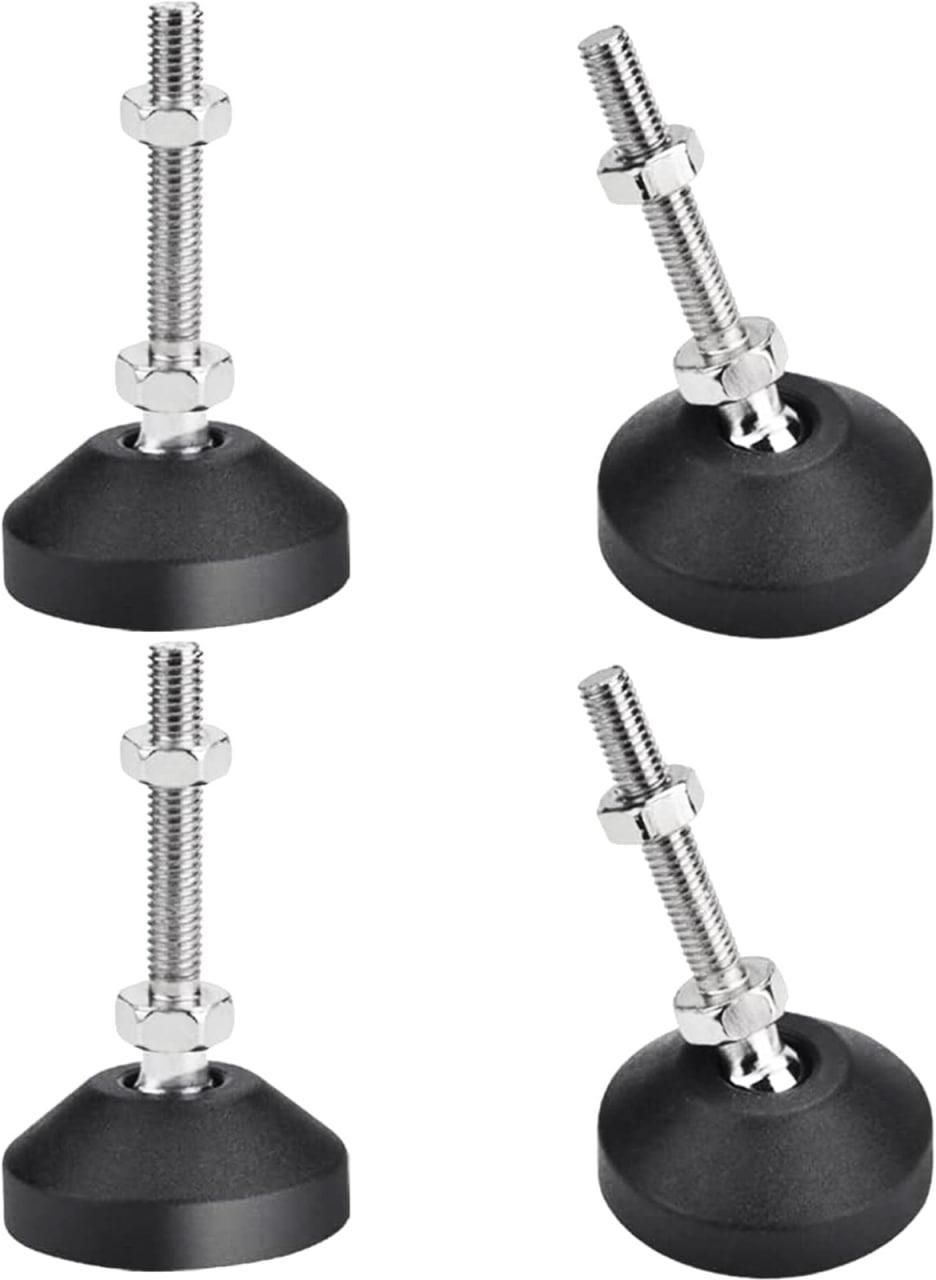 Quattro pienini in gomma nera con stelo in acciaio filettato e snodo a stera.