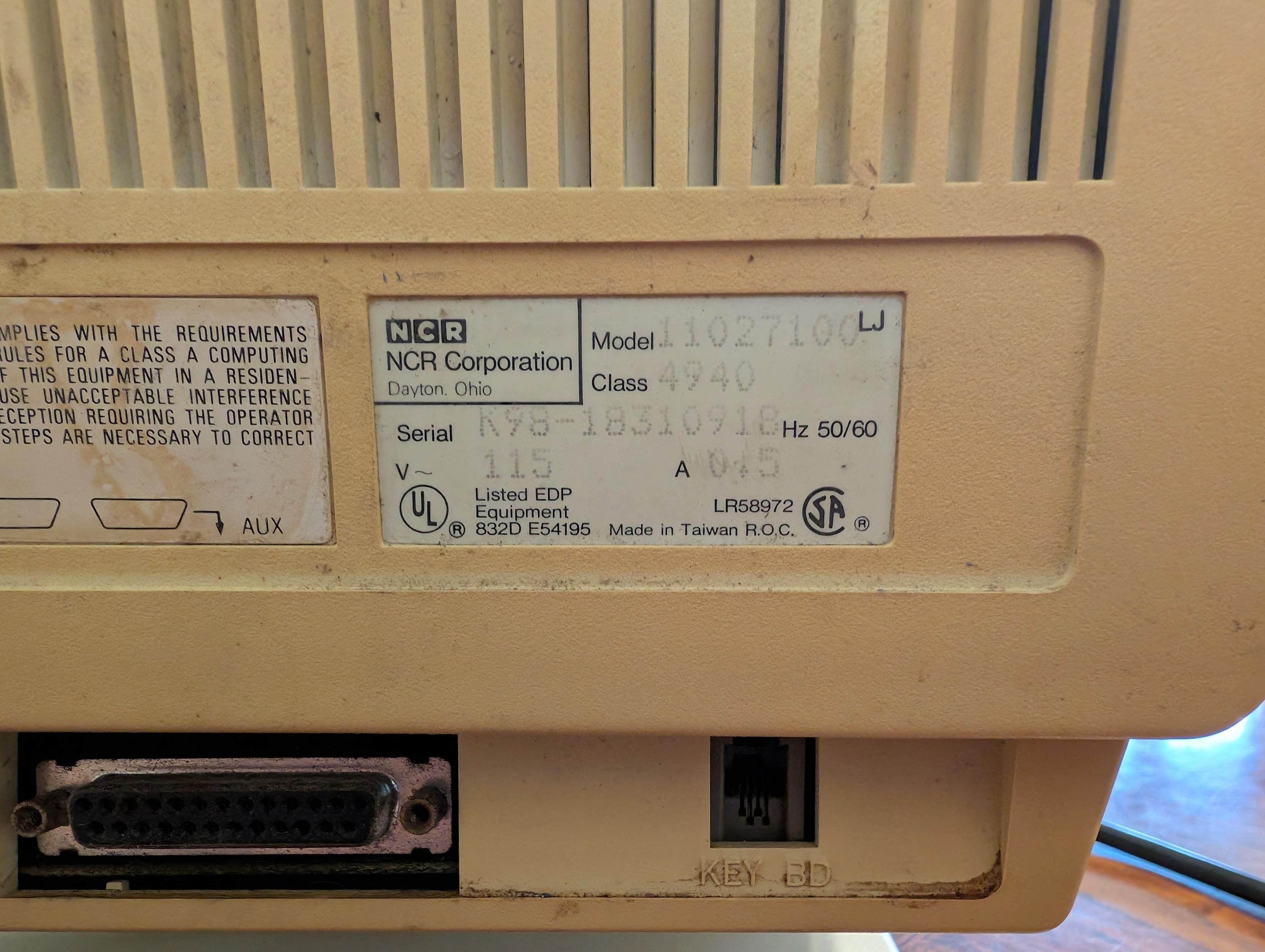 A picture of the model tag on the back. The model number is 11027100, class 4940. 