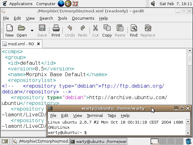 A screenshot of Ubuntu 4.10. Text editor shows the contents of mod.xml file on the disk - saying it's Morphix Base 0.5, with debian repository replaced by ubuntu; the terminal shows that we're running Linux ubuntu 2.6.7