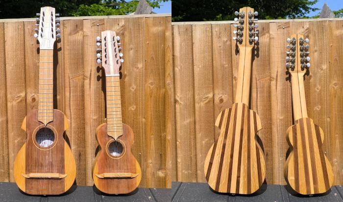 A collage of front and back views of a charango and ronroco, upright leaning against a fence.