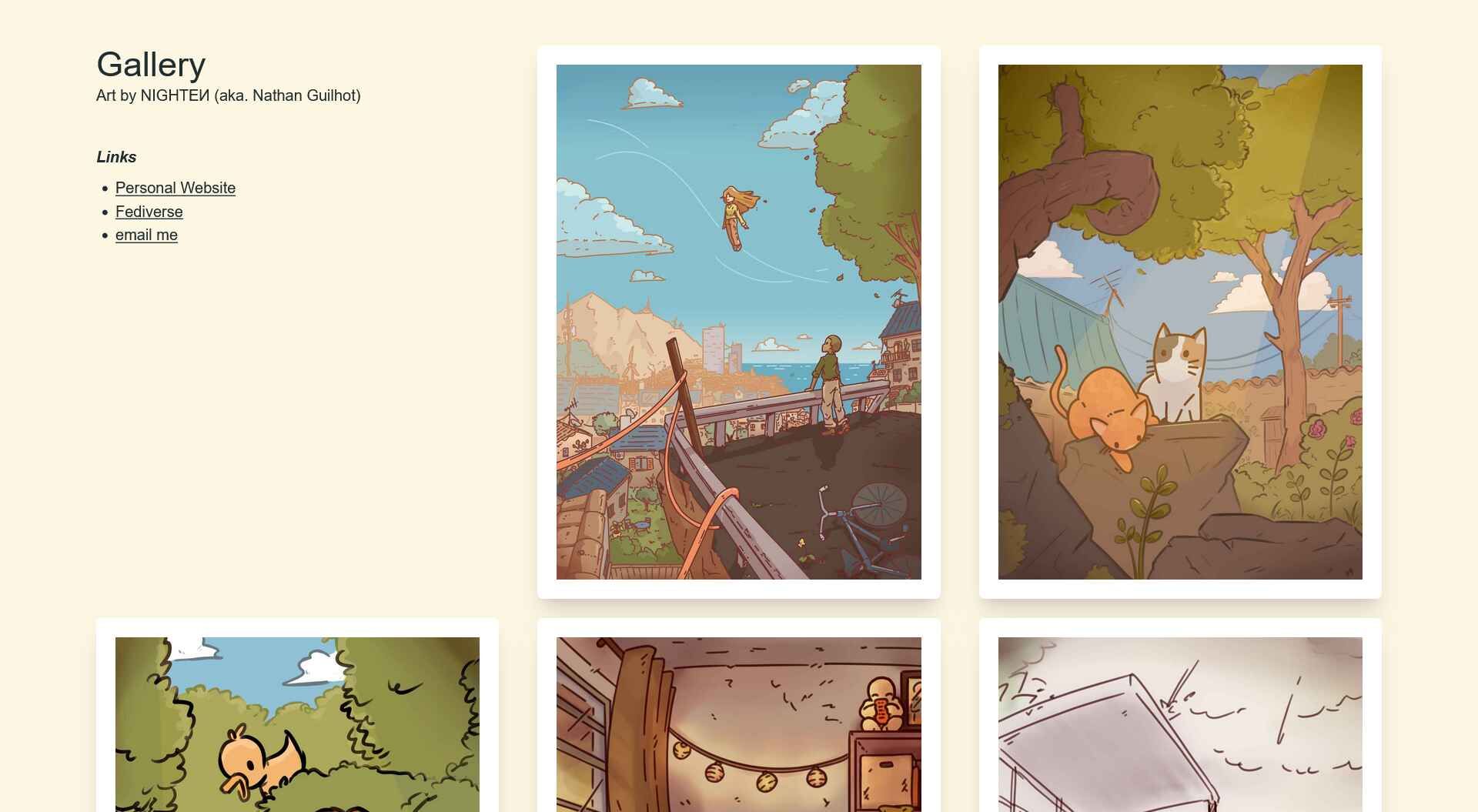 Screenshot of the website linked: A minimalist grid of different artworks I've made