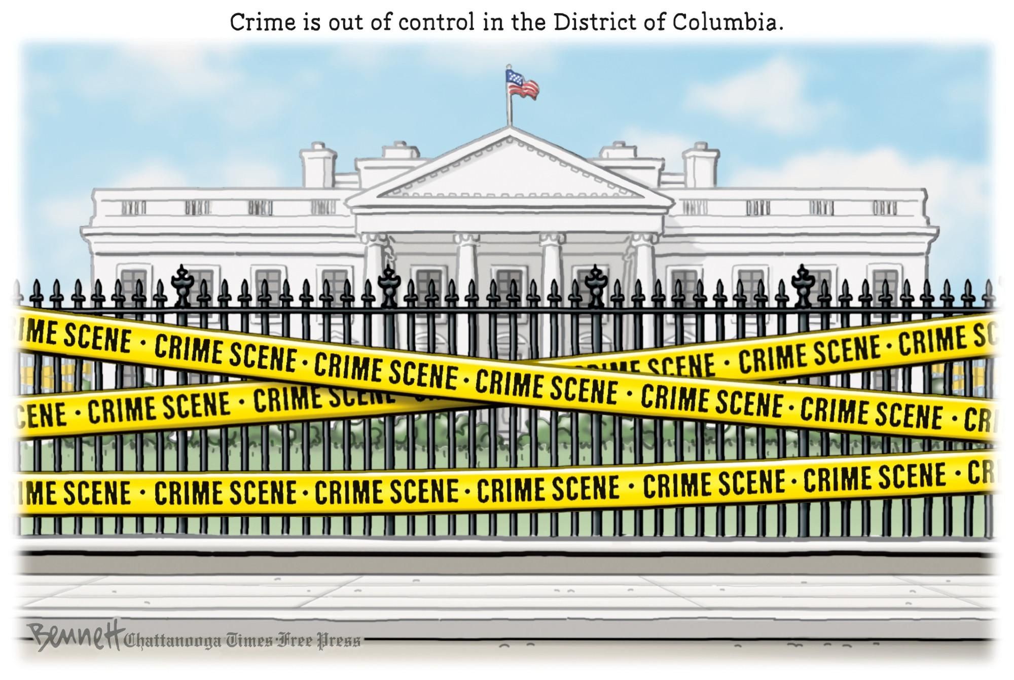 Cartoon of the White House, roped off with yellow "Crime Scene" tape.