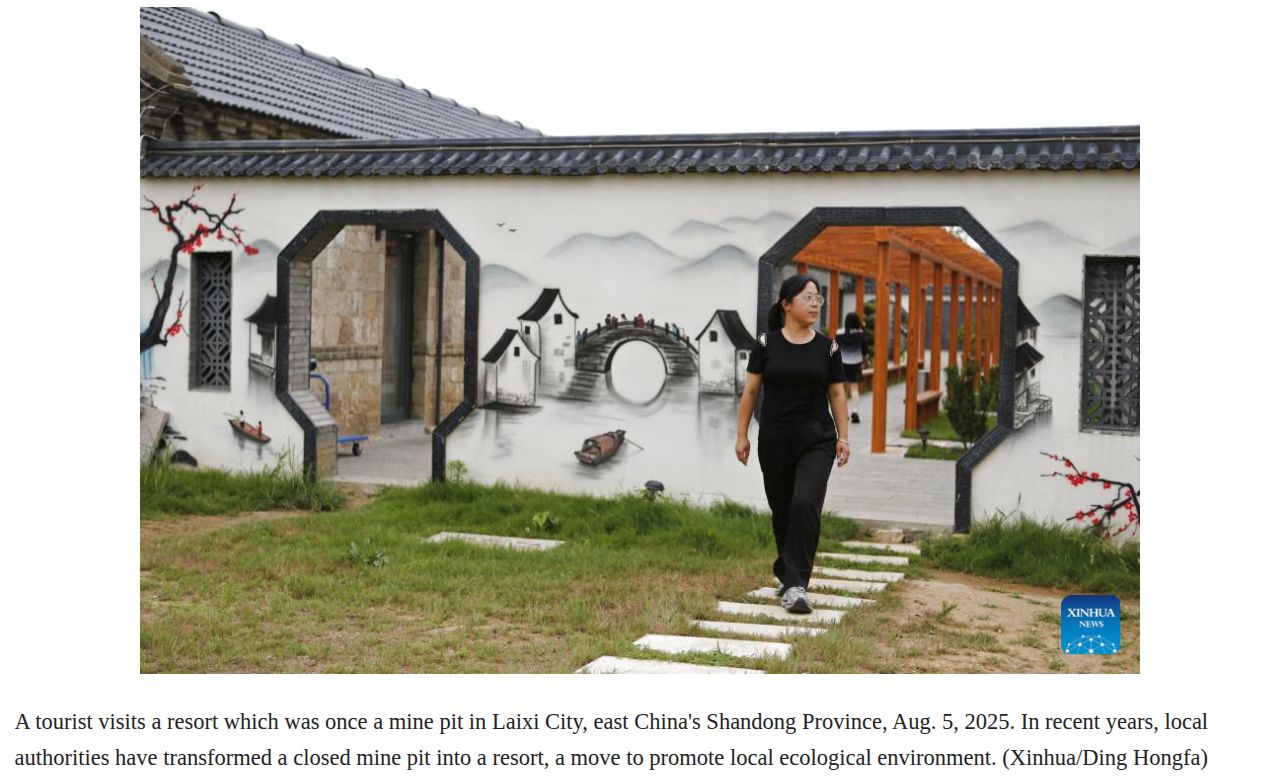 
A tourist visits a resort which was once a mine pit in Laixi City, east China's Shandong Province, Aug. 5, 2025. In recent years, local
authorities have transformed a closed mine pit into a resort, a move to promote local ecological environment. (Xinhua/Ding Hongfa)
