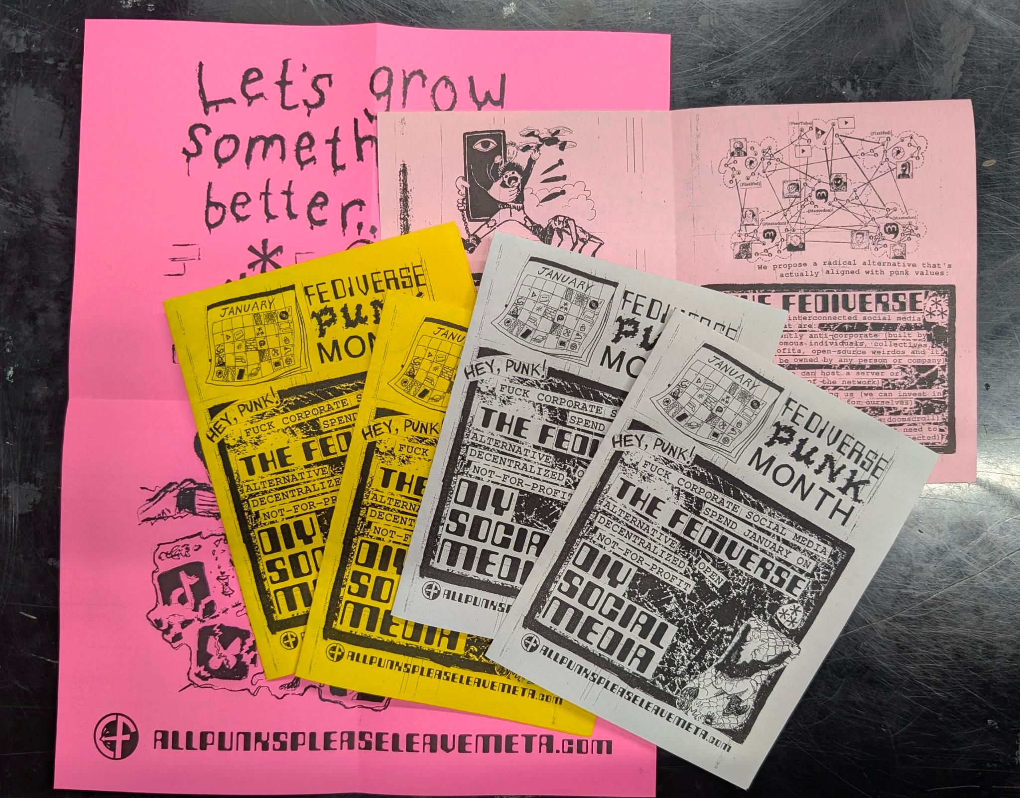 A selection of colourful small pamphlets for Fediverse Punk Month