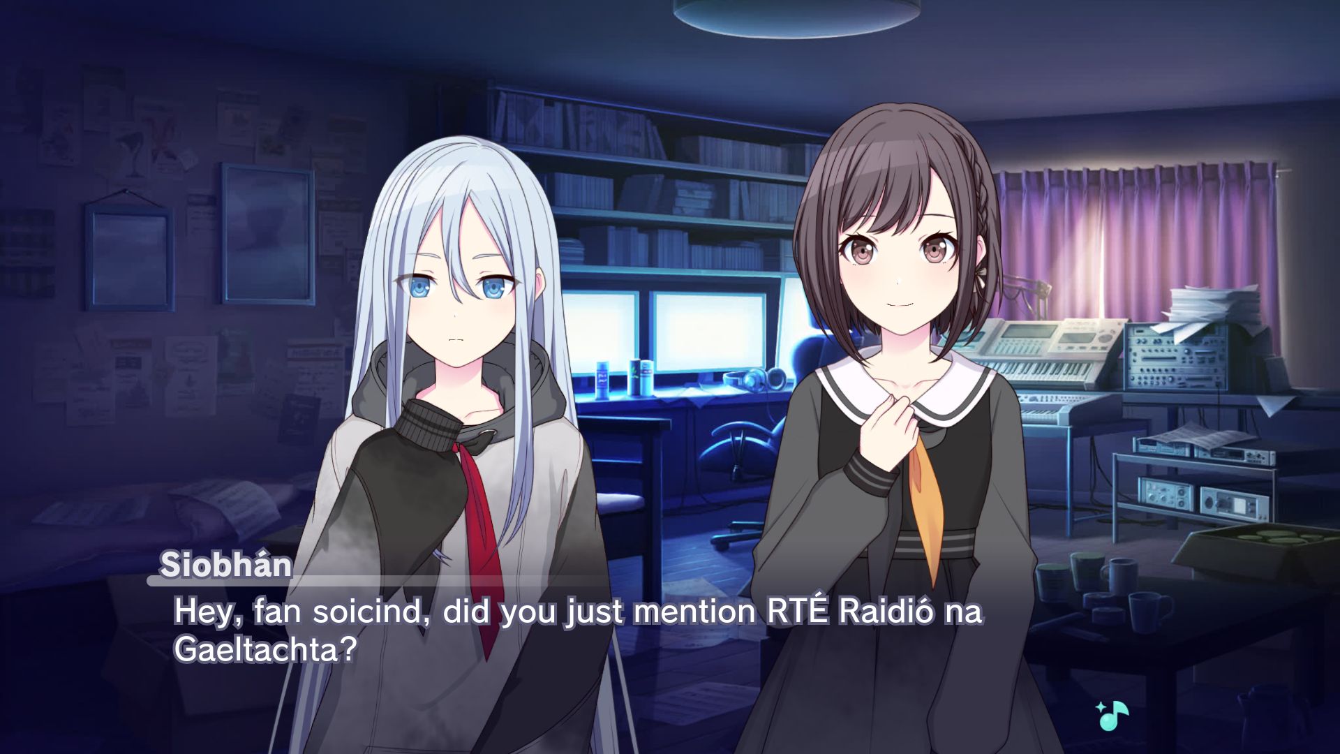 Siobhán, here represented by an old sprite of Ena Shinonome, barges into the room and says "Hey, fan soicind [wait a second], did you just mention RTÉ Raidió na Gaeltachta?"