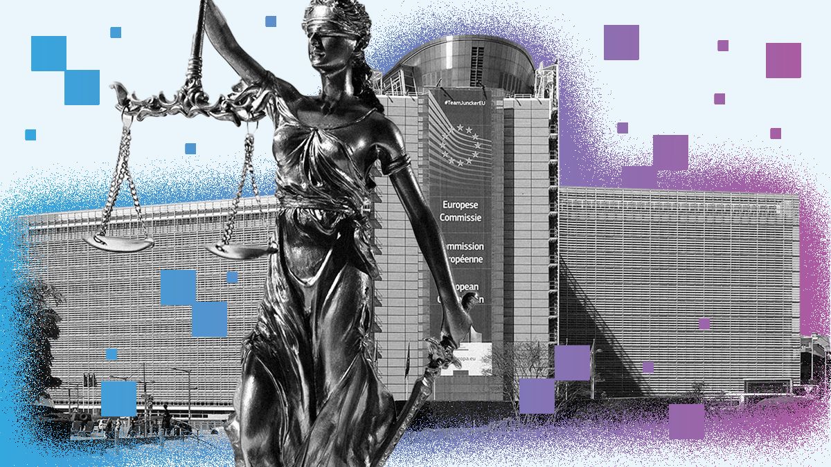 Symbol of justice in front of the European Commission building