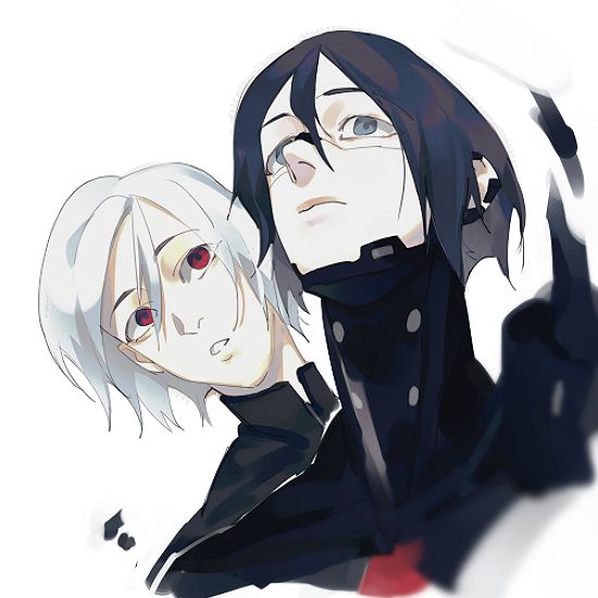 Danbooru tags: 2girls ariane_yeong black_hair cyberpunk elster_(signalis) joints metal_skin multiple_girls red_eyes robot_girl robot_joints short_hair signalis uchu_keito white_background white_hair yuri