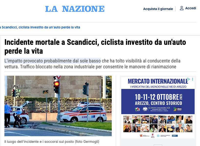 Firenze, 'Incidente mortale a Scandicci' forse colpa del sole... [*Come i giornali e i giornalisti raccontano gli scontri stradali*] 
