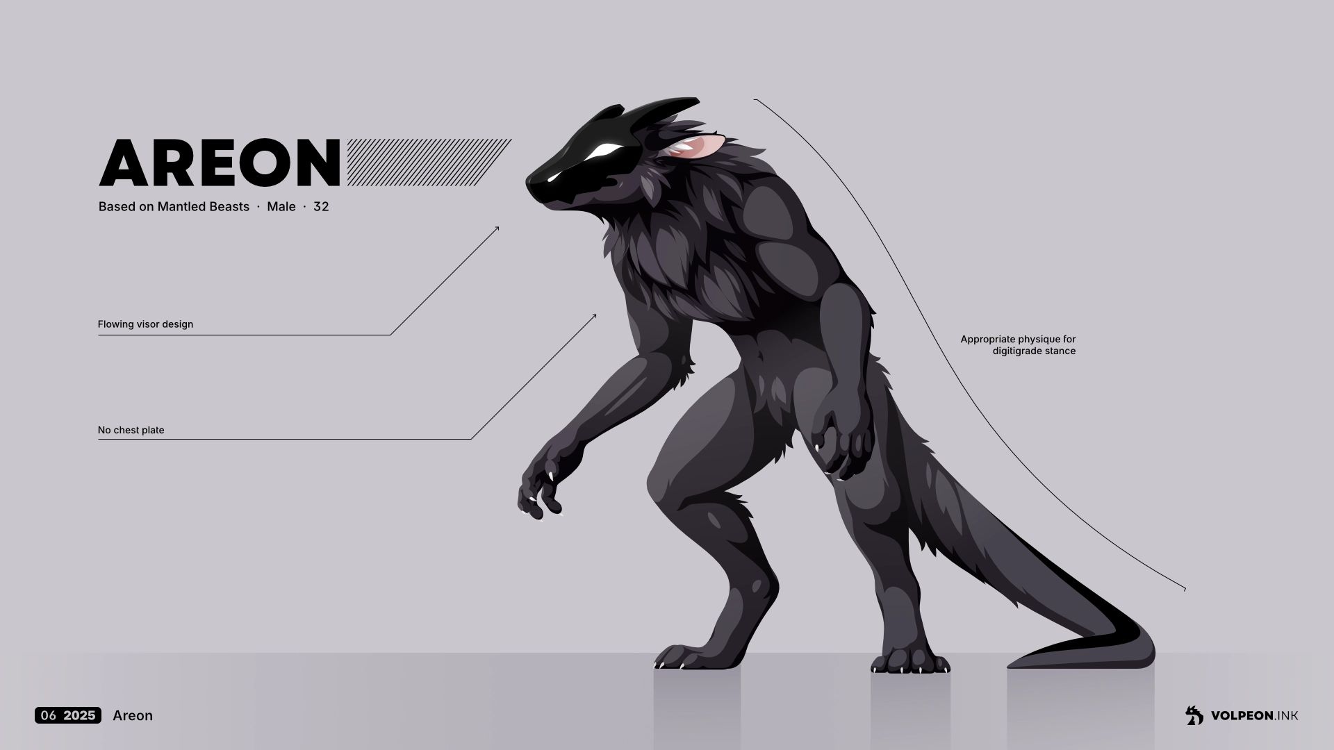 Vector art showing a creature similar to a werewolf, standing on two feet hunched over. Its whole body is covered in fluffy black fur. The most notable feature is the black visor with horns on its face which displays the nostrils and eyes as white shapes. Instead of a wolf tail, it has a long solid tail.
The text around it says his name is Areon.