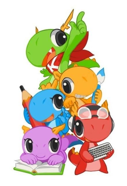 A pile of kollaborative KDE dragons, all different colours and doing different things, with keyboard, paint brushes, books, and pencils.