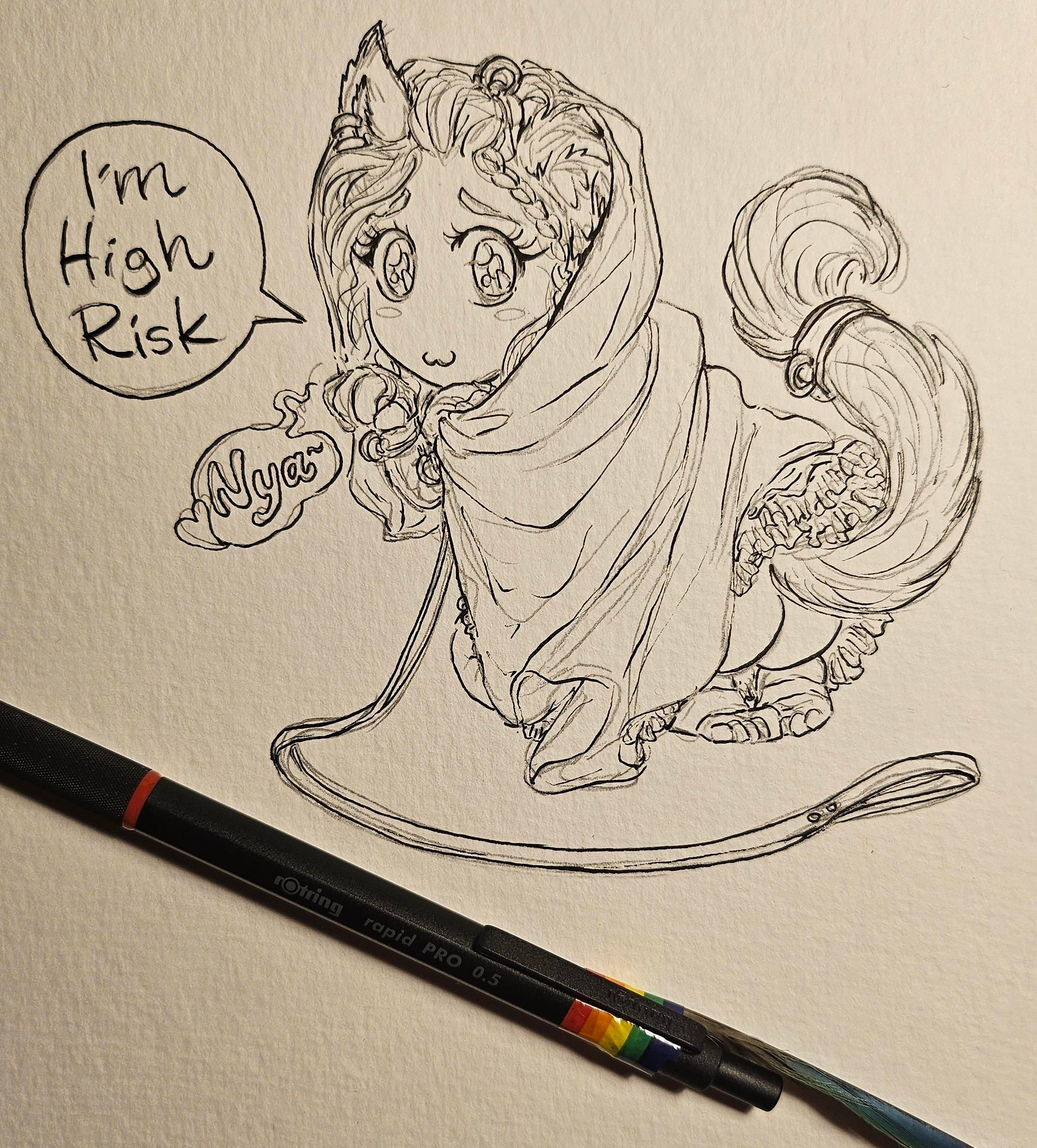 A lil chibi catgirl wrapped in a blanket with her lil bum out. She says "I'm high risk, nya"