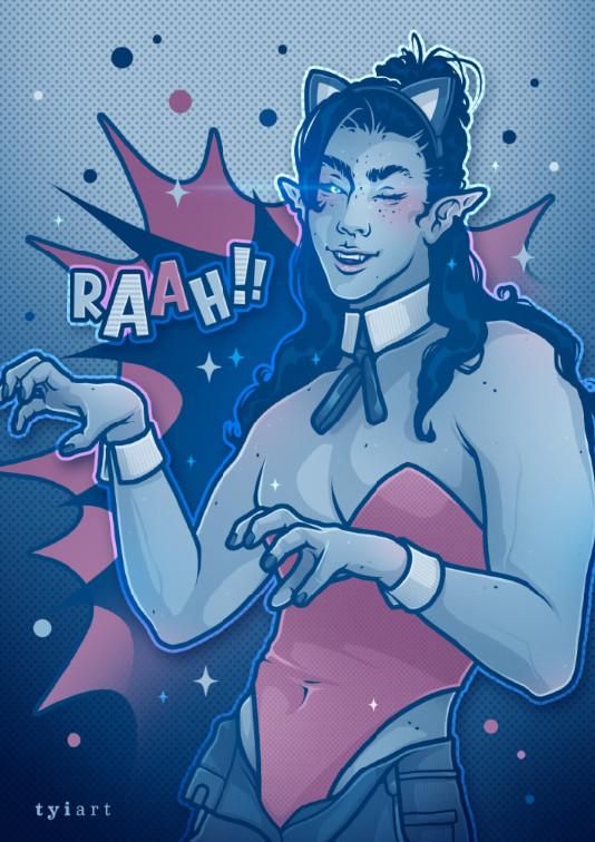 Drawing of my oc Isaiah who is a tall muscular male with long hair tied into half bun, wearing cat ears, cute collar and a corset with unbuttoned pants, making claws with his hands and smiling