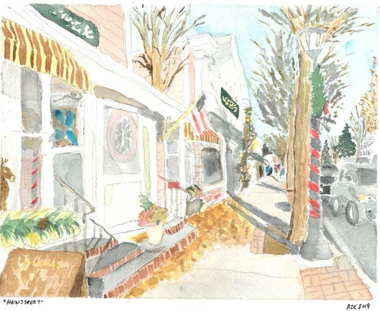 "Main Street" watercolor of Main Street in Bellport, NY, on the north side looking east from the Four Corners.