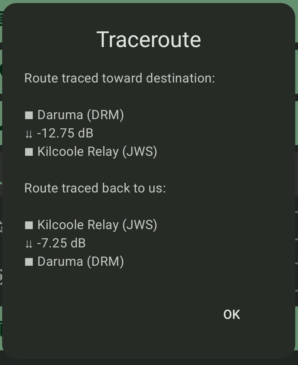 Screenshot from Meshtastic traceroute:
Traceroute

Route traced toward destination:
Daruma (DRM) to Kilcoole Relay (JWS): -12.75 dB

Route traced back to us:
Kilcoole Relay (JWS) to Daruma (DRM): -7.25 dB