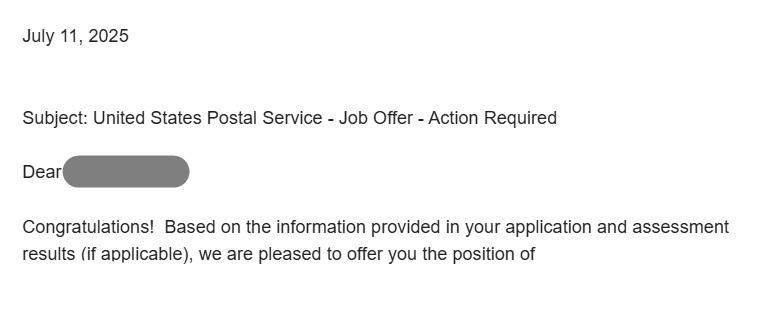 Screenshot of USPS offering me a job, yet, it has been an entire week of silence after accepting the job.