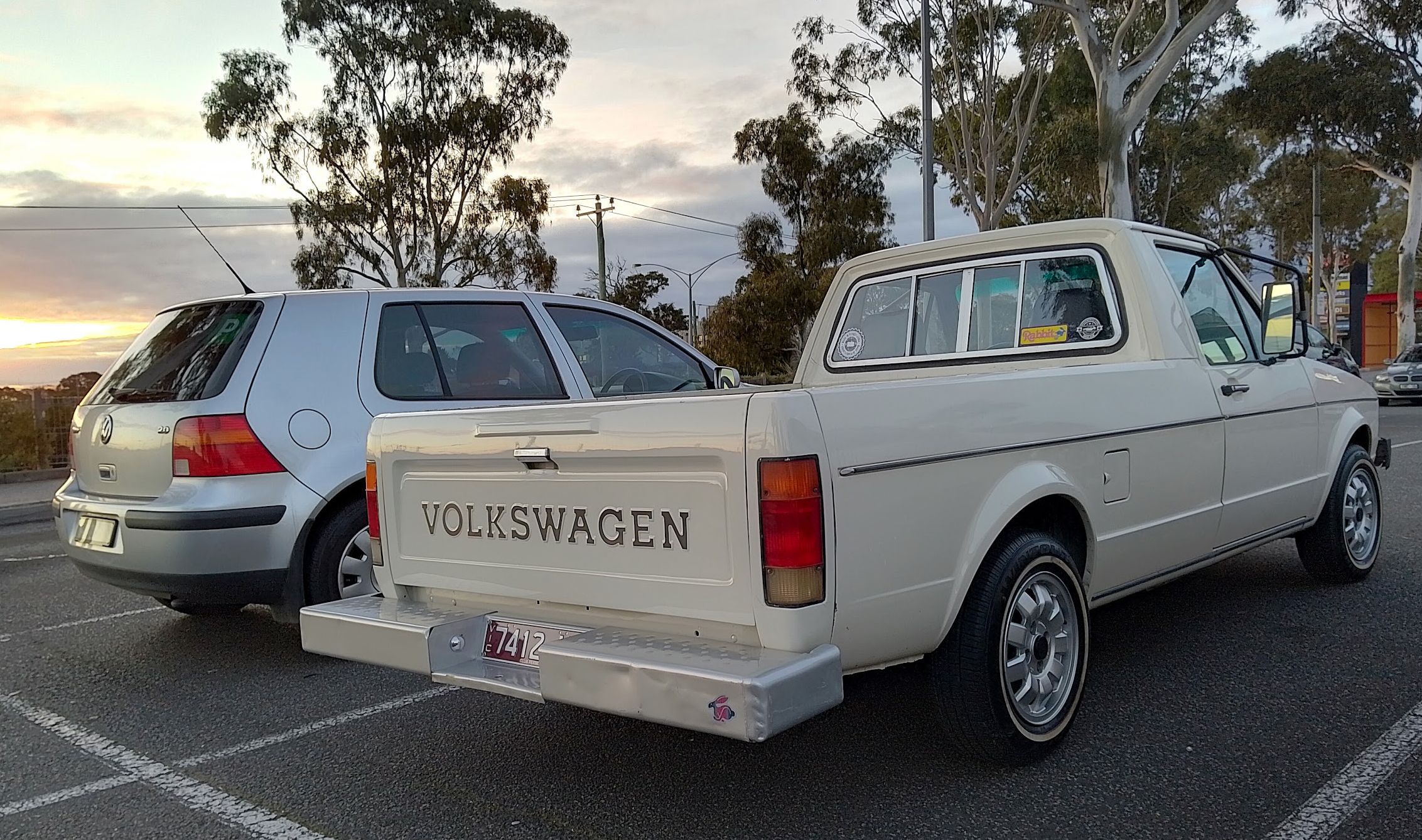Roger the VW Rabbit pickup is registered and parked next to a VW Golf Mk4 in silver