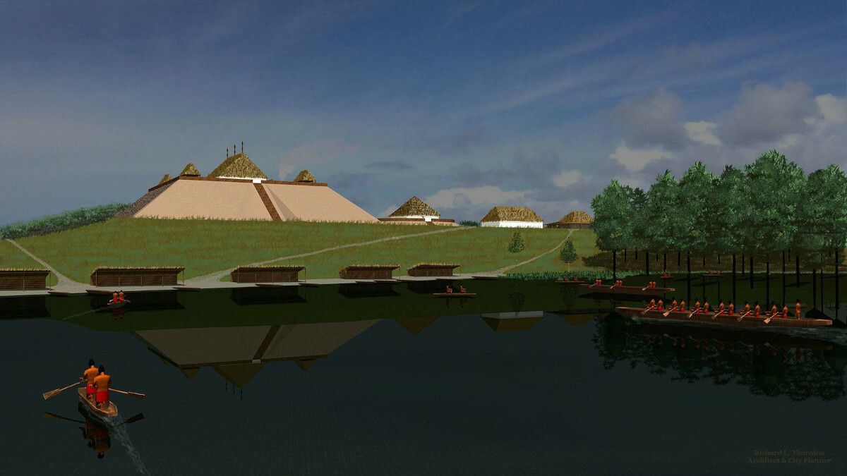 Ocmulgee Port of Entrance, 2015, by Richard Thornton. This is a digital reproduction of a historical site in Georgia known as Okmulgee. Mvskoke ancestors built large earthen mounds at Okmulgee and lived there long before Europeans arrived in North America.