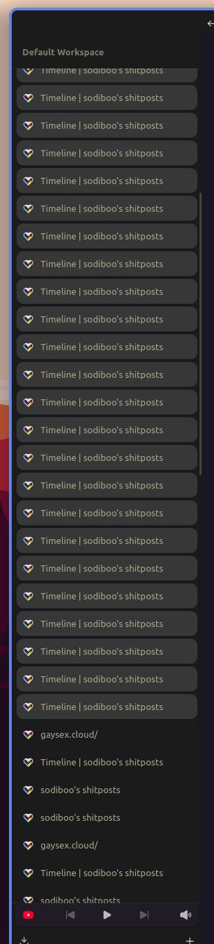 like, dozens of the same tab open to the timeline for my instance. all loading, at once. selected. all duplicated or whatever.