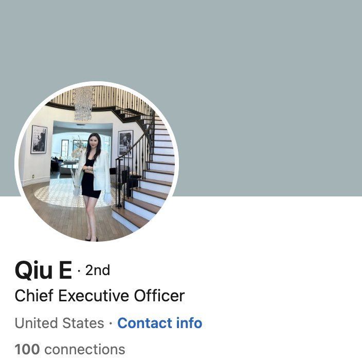 Screenshot of a Linkedin profile. The profile is of a woman photographed in a hall of a mansion.

The profile says.
Qiu E 
Chief Executive Officer
United States - Contact info
100 connections
