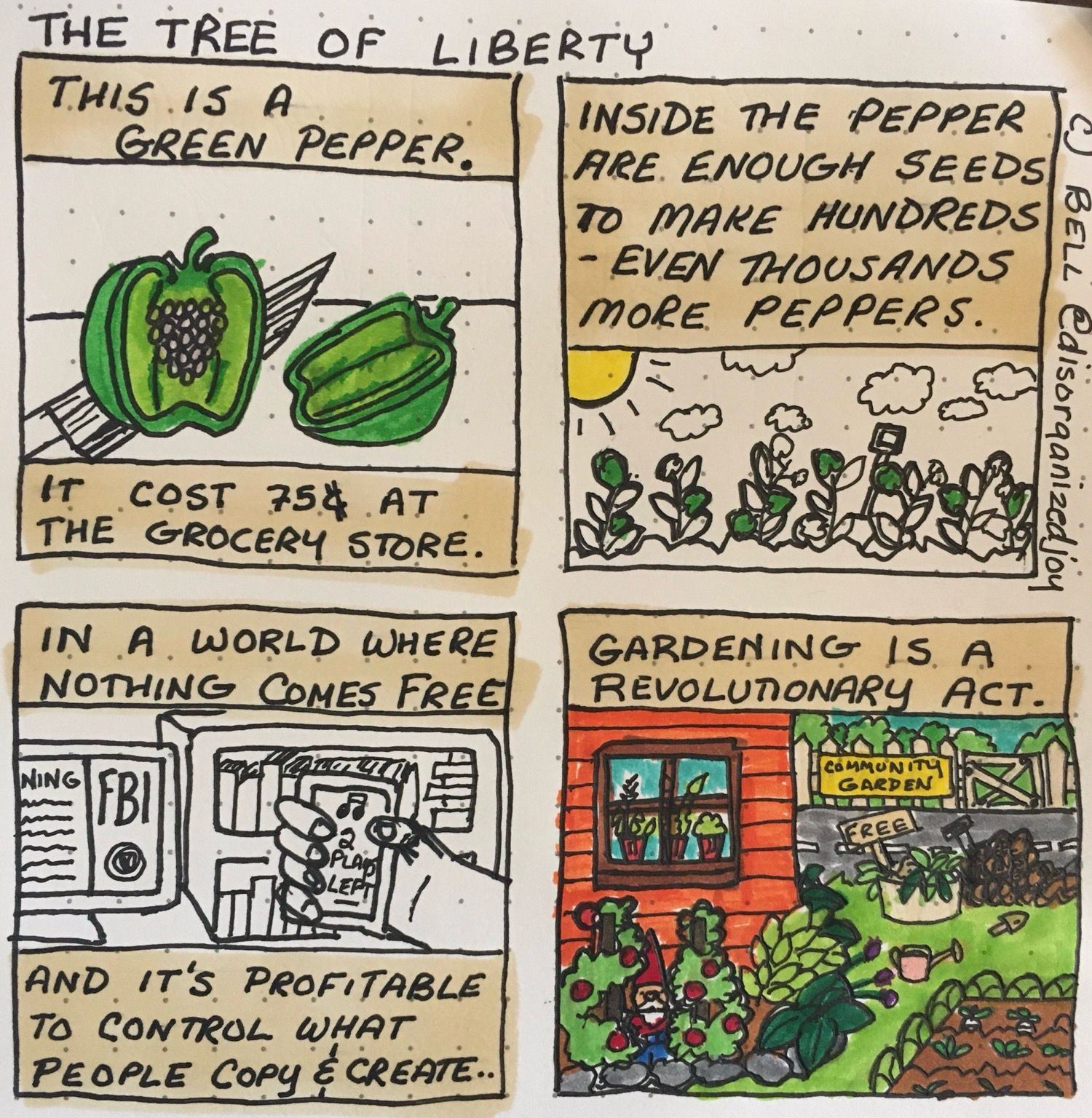 A hand drawn comic on dot paper entitled The Tree of Liberty. It has four windows each with an image accompanied by text. First window shows a green bell pepper cut in half with seeds shown, the text reads “This is a green pepper. It cost 75 cents at the grocery store.” Second window shows sun and clouds over a row of green pepper plants, the text reads “Inside the pepper are enough seeds to make hundreds of - maybe thousands more peppers.” Third image shows a computer screen displaying an FBI image and next to it a bookcase with a hand outstretched in front holding a phone screen displaying the message 2 plays left. The text reads “In a world where nothing comes for free and it’s profitable to control what people copy and create”. The fourth window reads “gardening is a revolutionary act” with an image of a garden with a garden gnome nestled between two tomato plants, a ground bed of root vegetables, a sign reading community garden and another reading FREE stood next to a container of produce. Complete with a picket fence and flowers. By Bell @disorganizedjoy 