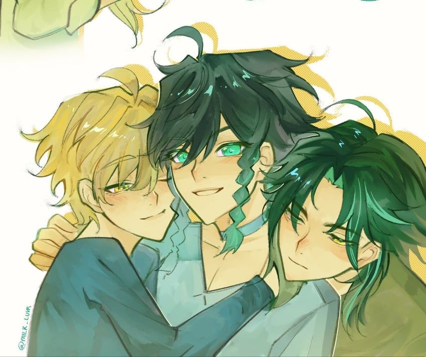 SFW yaoi art of the following characters : aether_(genshin_impact) venti_(genshin_impact) xiao_(genshin_impact)