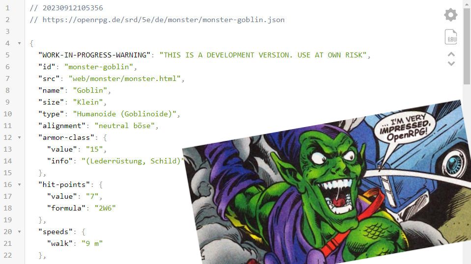 Screenshot der JSON-Konvertierung des Goblin-Werteblocks. Darüber montiert ein Ausschnitt aus einem Comic. Der Green Goblin sagt "I'm very impressed, OpenRPG"