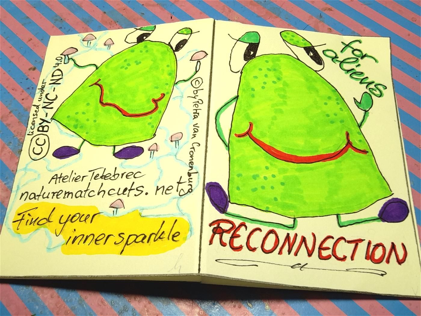 Back and Cover of a mini-zine with a cute green cartoon alien, a little bit frog-like. Title: Reconnection for Aliens.