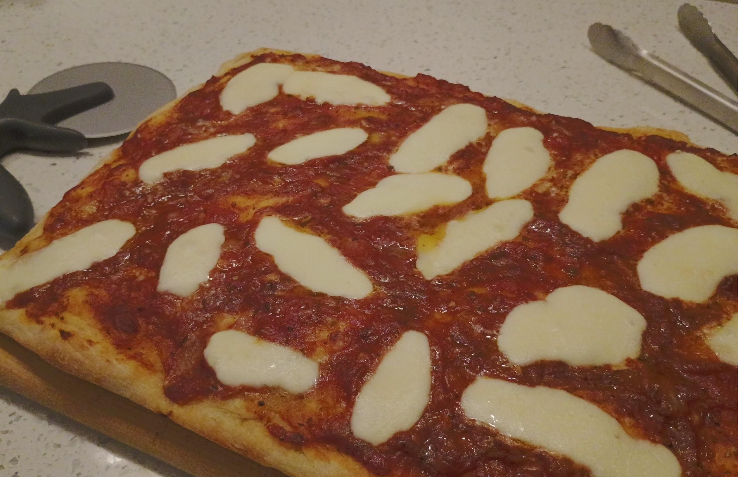 A plain-jane pizza of sourdough crust, herbed tomato sauce, olive oil, and some fresh mozzarella.