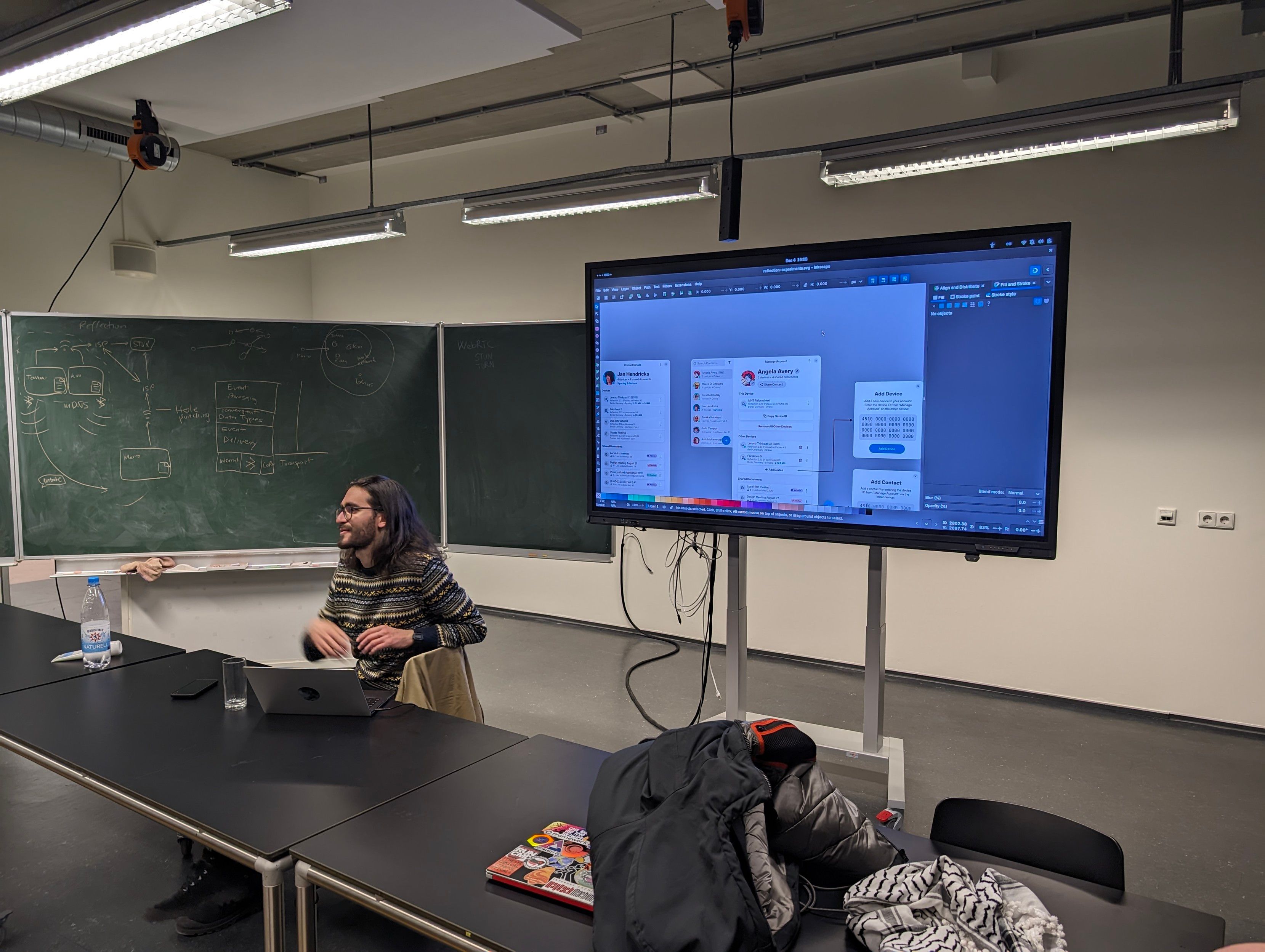 Tobias talking while sharing his screen, showing an Inkscape windows with mockups of upcoming Reflection features