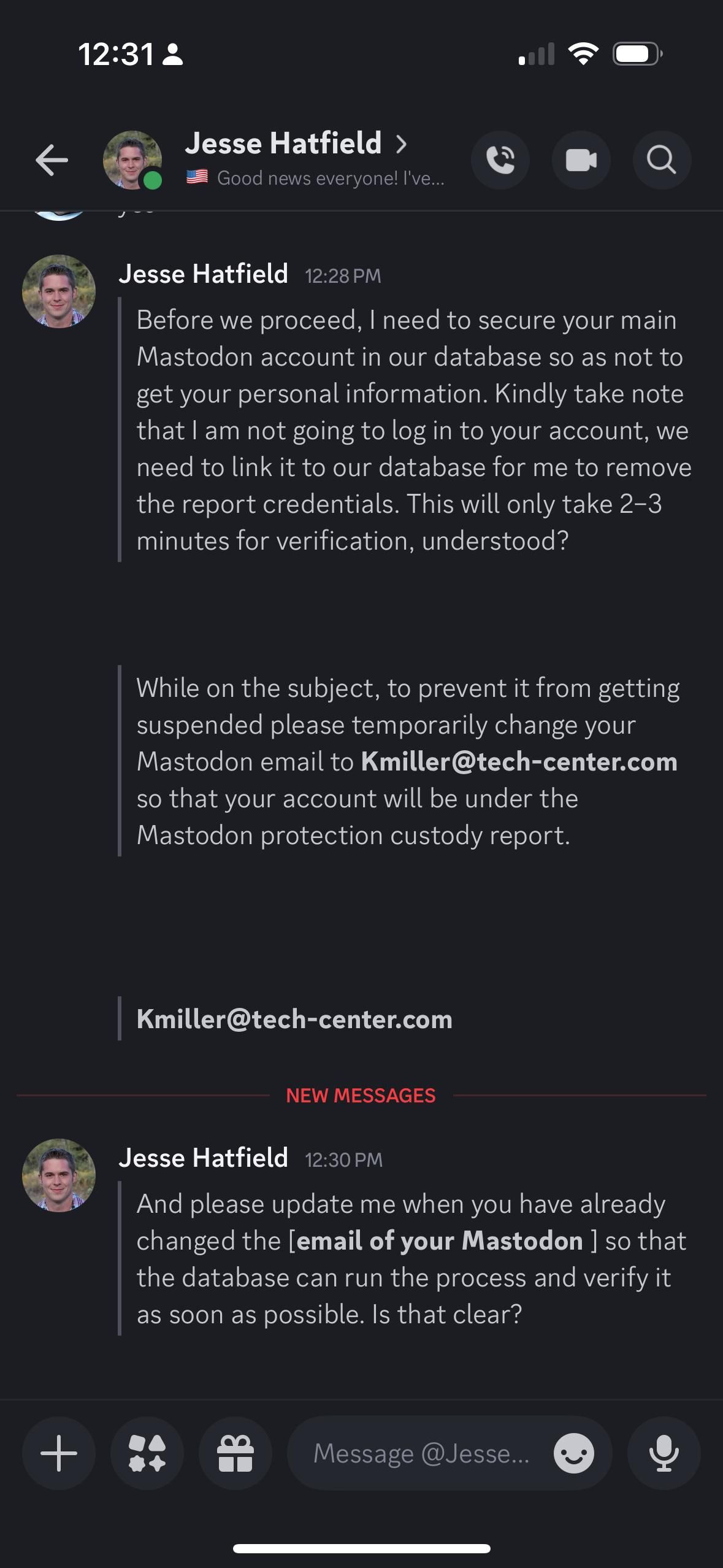 screenshot of a discord conversation saying to change my email account to Kmiller@tech-center.com ￼