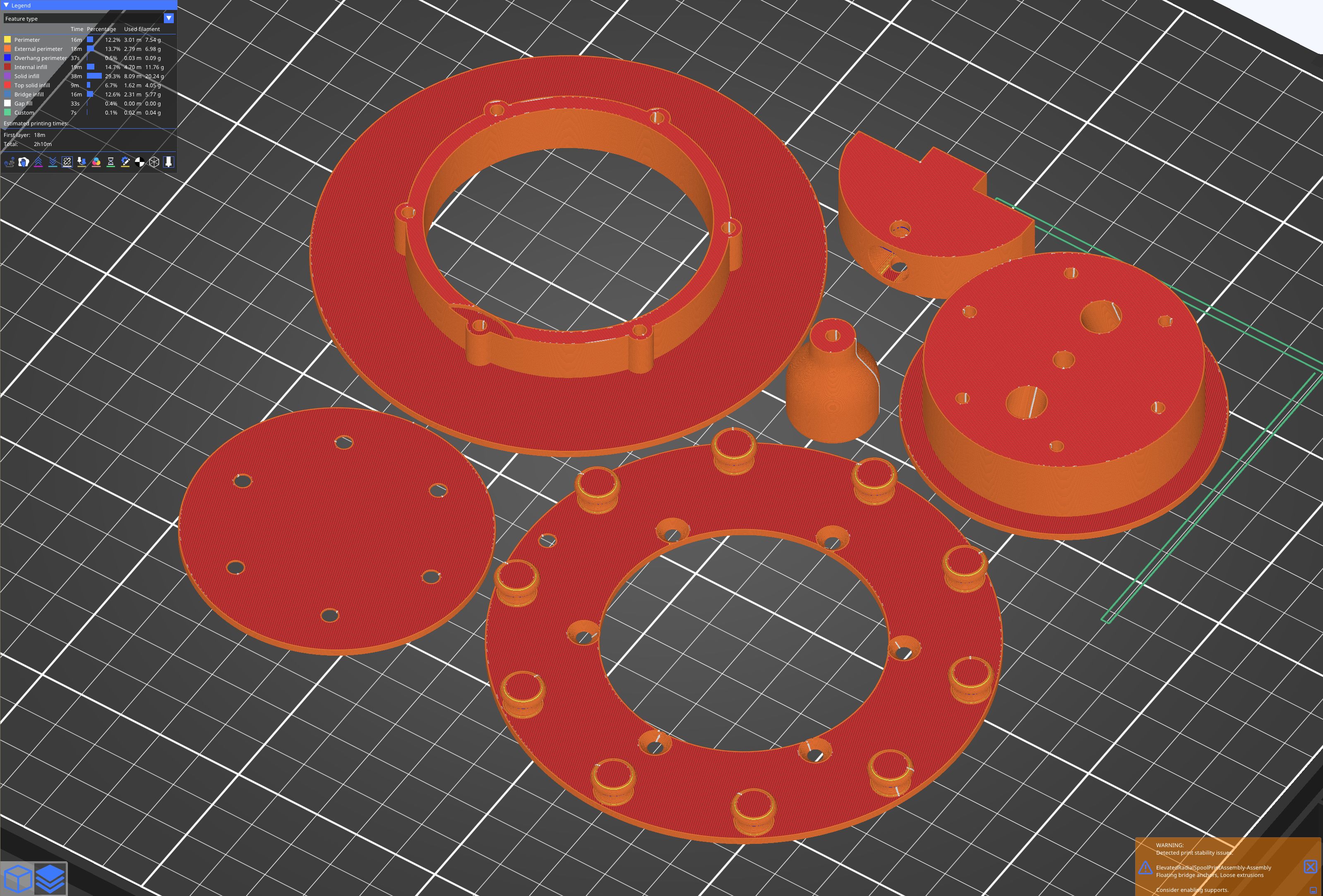 Screen shot of sliced assembly, imported into the slicer and sliced without any further arrangement.