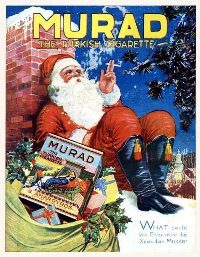 Vintage 1920 advertisement showing Santa Claus reclining against a brick chimney, smoking a cigarette. He wears a red suit and black boots, with a night sky and evergreen branches in the background. A pack of Murad “The Turkish Cigarette” peeks out of his sack of presents with holly and wrapped gifts. Large text at the top reads “MURAD THE TURKISH CIGARETTE,” and smaller text at the bottom reads, “What could you enjoy more this Xmas than Murad?”