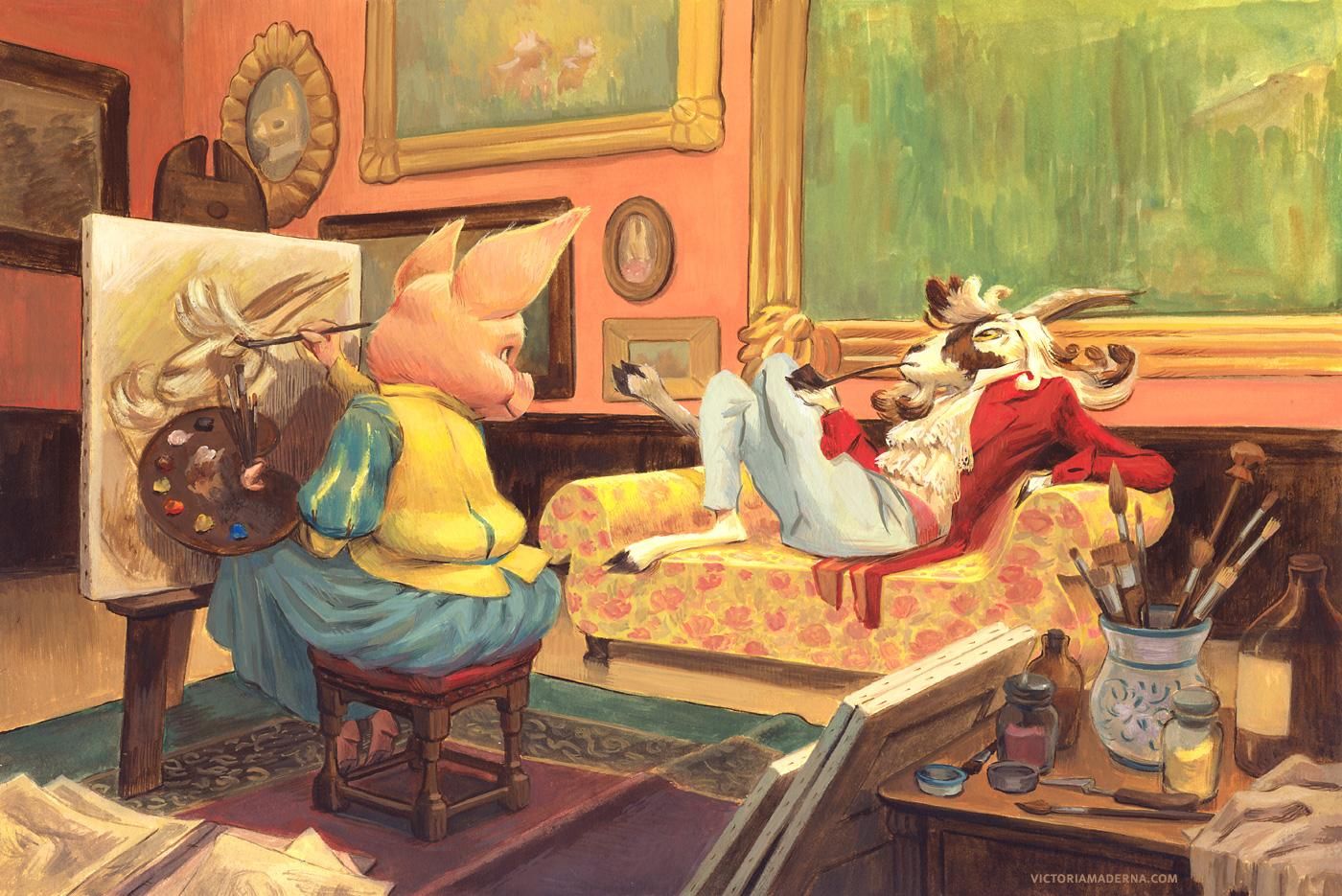 Painting in gouache by Victoria Maderna: a pig in a dress paints the portrait of a fabulous goat smoking a pipe in a fancy outfit.