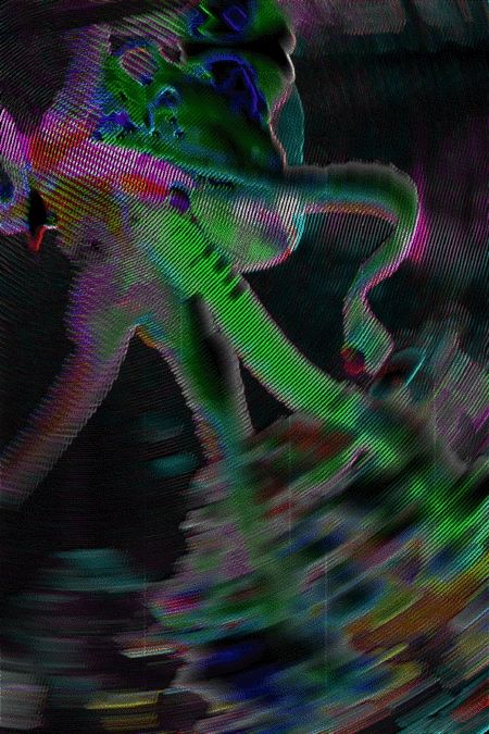 An octopus, color shifted into neon colors and distorted with rotating lines reminiscent of old CRT monitors and TVs.