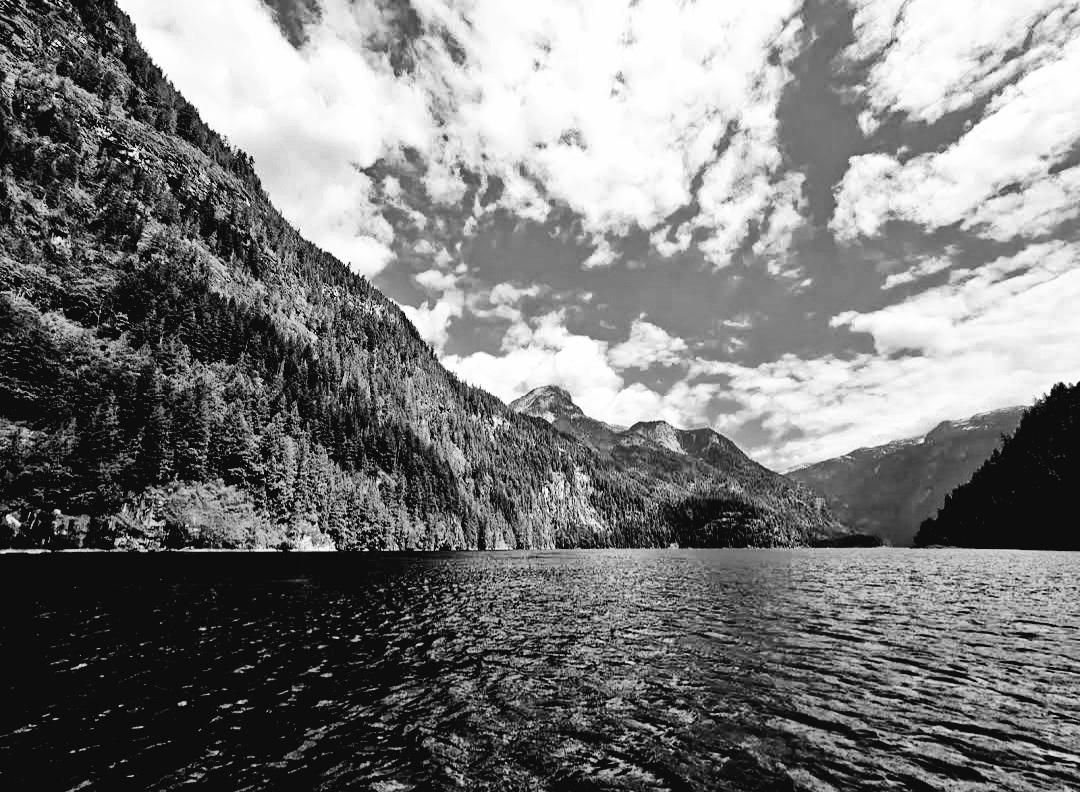 Black and white landscape of a ocean waterway with mountainous shores covered in forest, under scattered clouds.