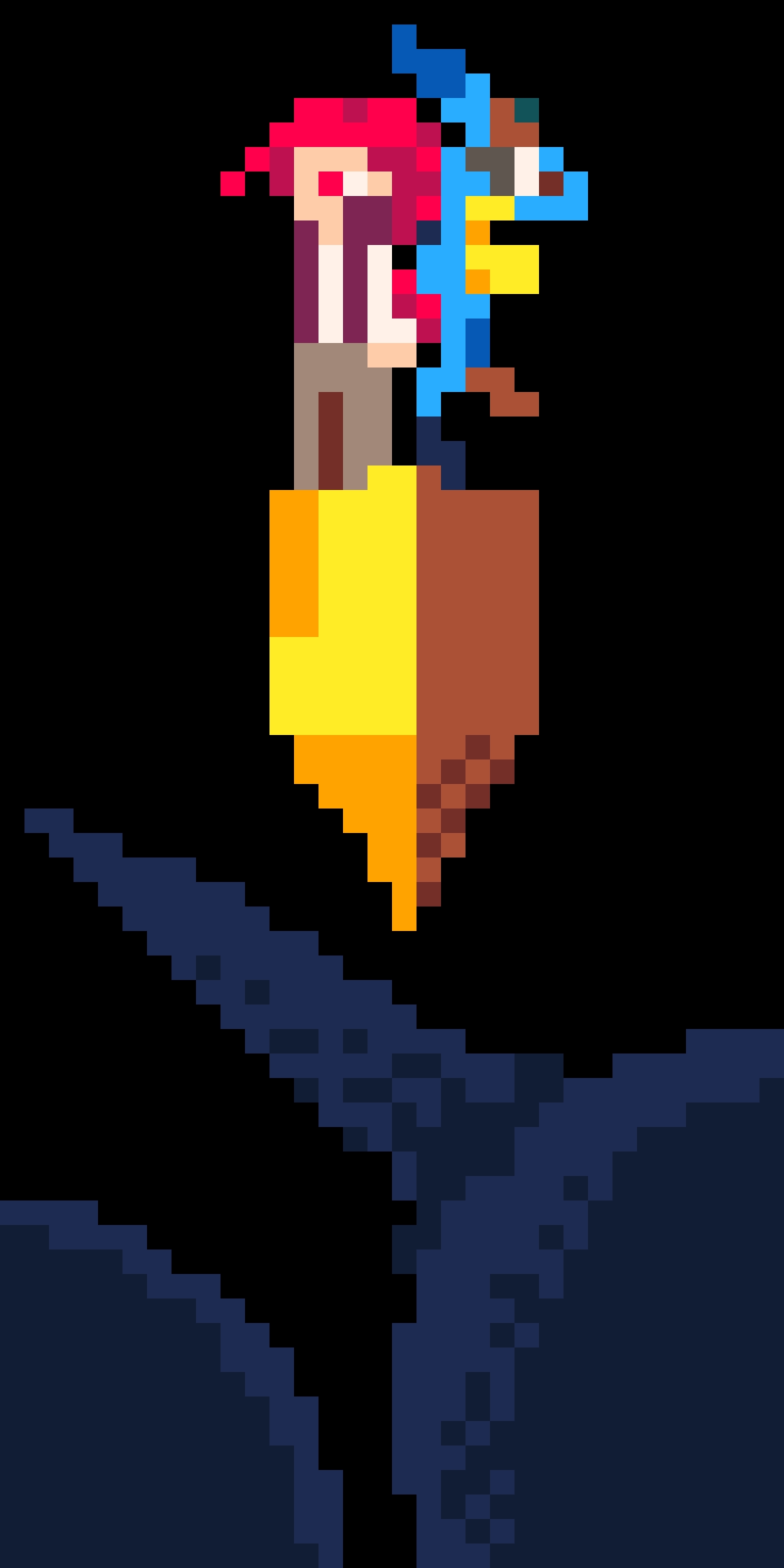 Pixel fanart of a scene from the game "Azure Dreams."  The red-ponytailed protagonist, Koh, and his blue dragon familiar, Kewne, stand atop an upside-down obelisk. The obelisk is an elevator taking them to the next floor of the monster tower: a closed-space dungeon. In shadows in the foreground are monsters watching the elevator depart.