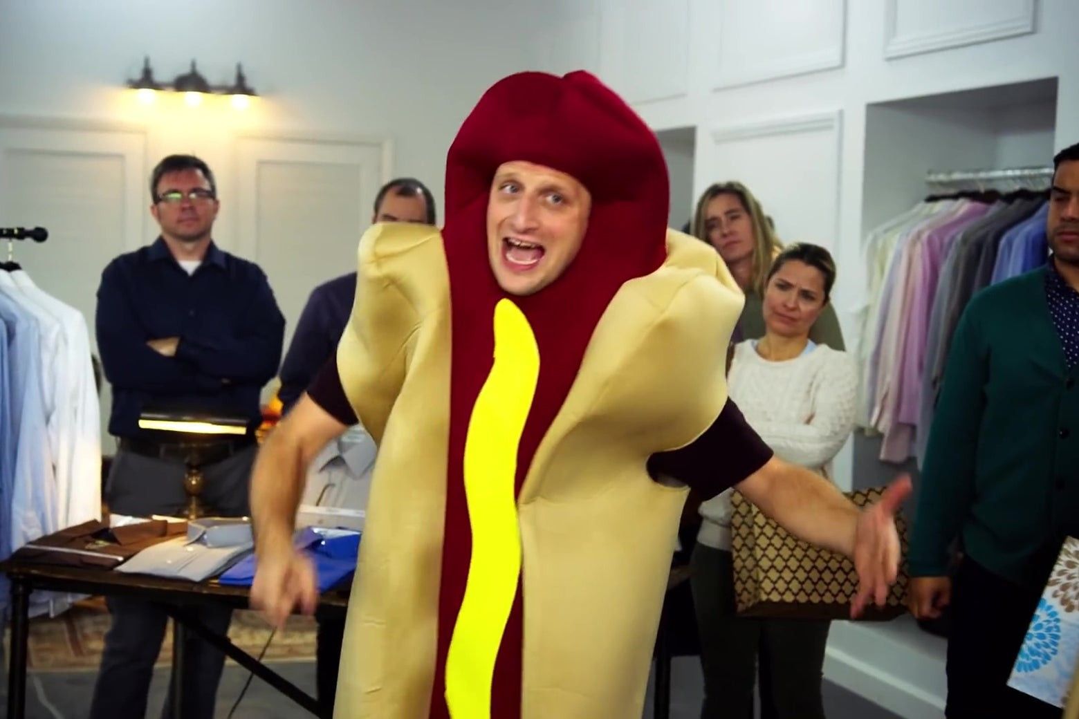 "We're All Trying To Find The Guy Who Did This" is a quote from the Netflix sketch comedy series I Think You Should Leave with Tim Robinson. The quote originates from a sketch where an unnamed man in a hot dog costume tries to pretend he is not the one who has crashed a hot dog-shaped car. The image of the man in the costume was widely used as a reaction image on Twitter and other websites in 2020 and early 2021, typically in response to complaints about problems from the people responsible for those problems.