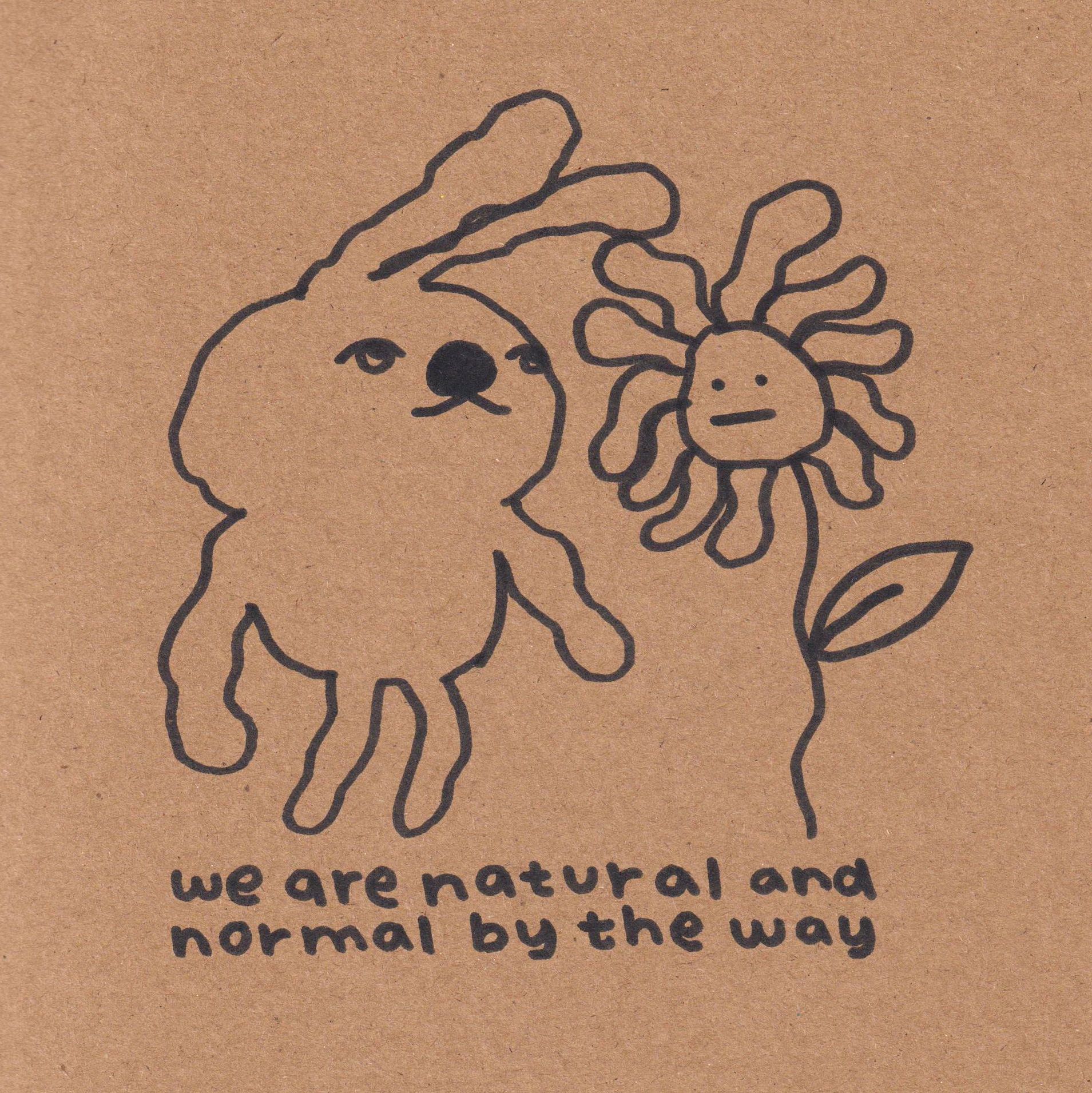 A bunny and a flower with a sort of perturbed face stand together. Text reads: "we are natural and normal by the way".