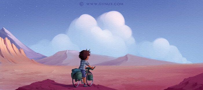 A character standing on his bike, one foot on the ground, looking at a broad landscape.