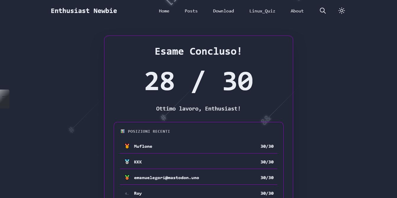 Esame Concluso!
28 / 30
Ottimo lavoro, Enthusiast!

📊 Posizioni Recenti
🥇 Muflone
30/30
🥈 KKK
30/30
🥉 emanuelegori@mastodon.uno
30/30
4. Roy
30/30 
