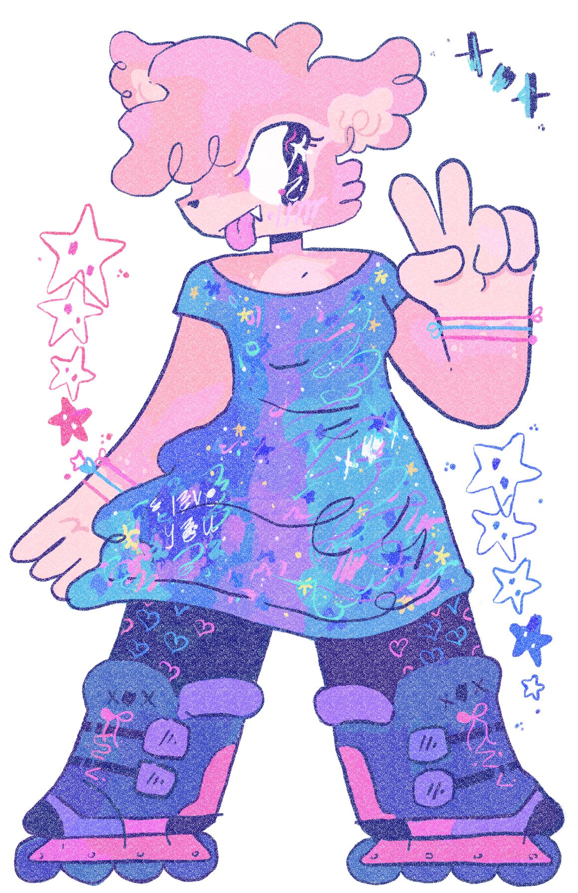 Commission of my sona, a pink fallow deer.  She is wearing a blue and purple dress with stars and squiggles on it, black leggings with hearts and rollerblades with pops of pink and purple on them.  The art style is something between the memphis school, old sonic reference art and a cute doodle.  She is making a peace sign uwu