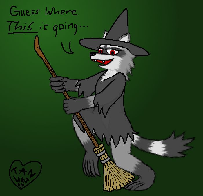Fursona Art:
A female anthro raccoon in a thin black gown and a witches' hat, riding a broom, saying, "Guess where this is going" with a suggestive look in her red eyes.