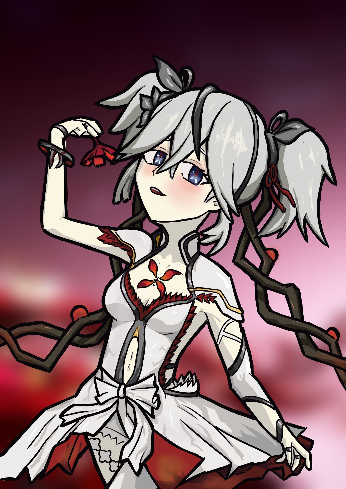 Camellya from Wuthering Waves standing in a slightly ballety pose with a flower in hand looking at the camera from above