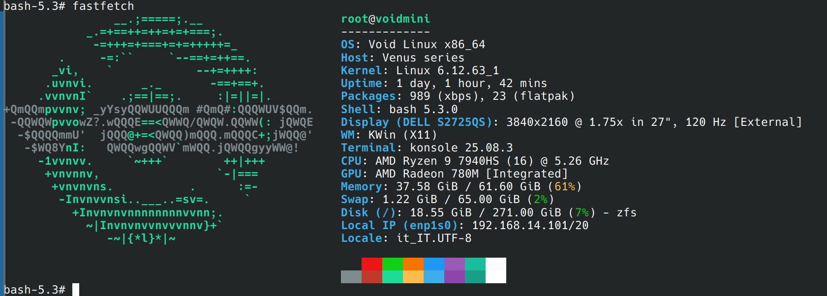 Screenshot of a terminal window running the command "fastfetch" as root. On the left, there is a large ASCII art logo associated with Void Linux rendered in green and cyan characters on a dark background. On the right, system information is listed in colored text. The prompt shows "root@voidmini". Details include: operating system Void Linux x86_64, host Venus series, kernel Linux 6.12.63_1, uptime of 1 day, 1 hour, 42 minutes, and package counts of 989 via xbps and 23 via flatpak. The shell is bash 5.3.0. Display information shows an external Dell S2725QS monitor at 3840 by 2160 resolution, scaled 1.75x, 27 inches, 120 Hz. Window manager is KWin on X11, terminal is Konsole 25.08.3. Hardware details list an AMD Ryzen 9 7940HS CPU with 16 cores up to 5.26 GHz, AMD Radeon 780M integrated GPU, 61.60 GiB of RAM with 37.58 GiB used, swap of 65.00 GiB with 1.22 GiB used, and a ZFS root filesystem using 18.55 GiB of 271.00 GiB. Network information shows local IP 192.168.14.101 on interface enp1s0. Locale is it_IT.UTF-8. A small color palette bar appears at the bottom.