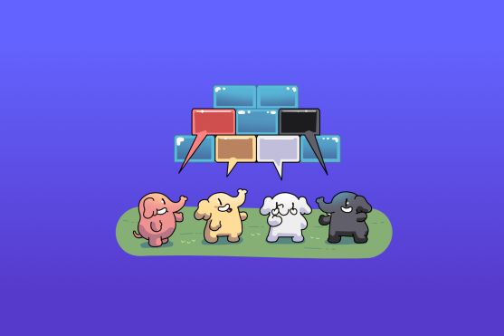 Four colourful cartoon mastodons stand together on grass, each with a speech bubble. The illustration shows diverse voices speaking up and building something together.