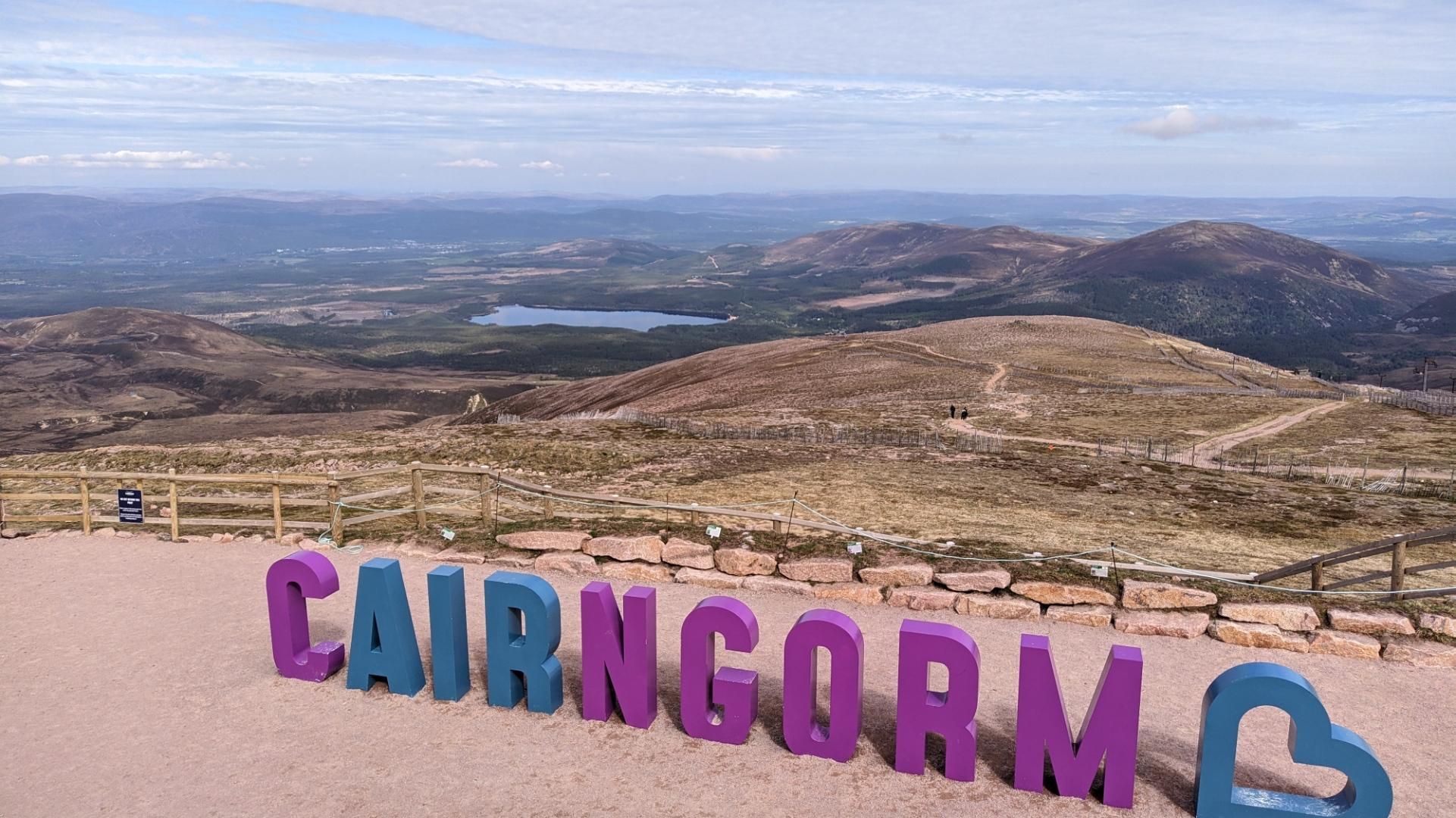 View from the top station, with fat letters stating Cairngorm