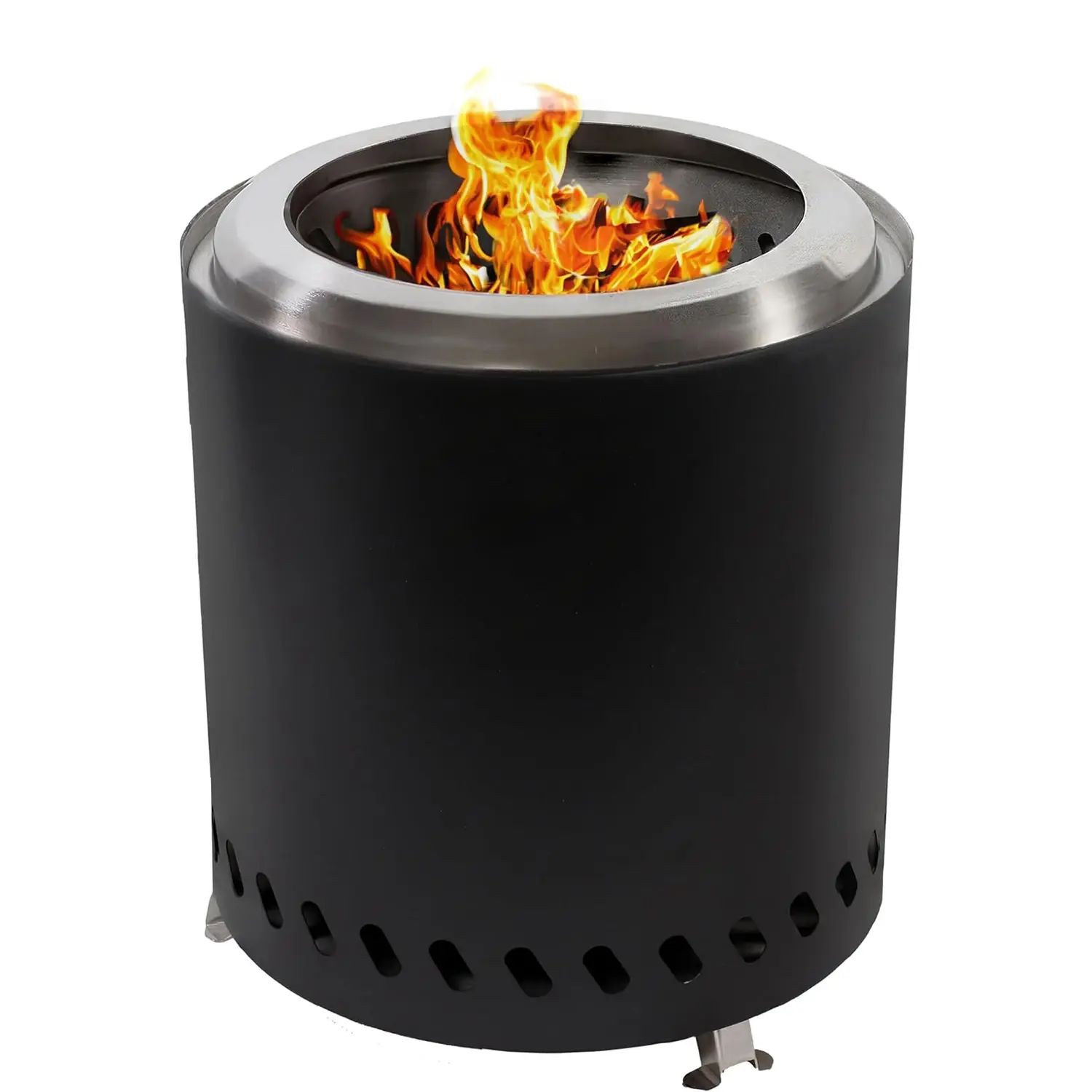 A round metal can with a wood fire inside.