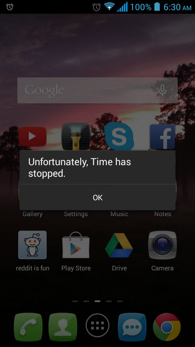 Old Android screenshot with an error message "Unfortunately, Time has stopped."