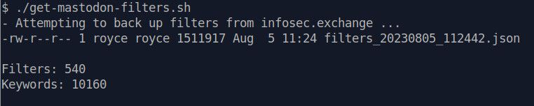 Output from example backup script, showing filename and size, and a count of filters (540) and keywords (10,160) in the filter set.