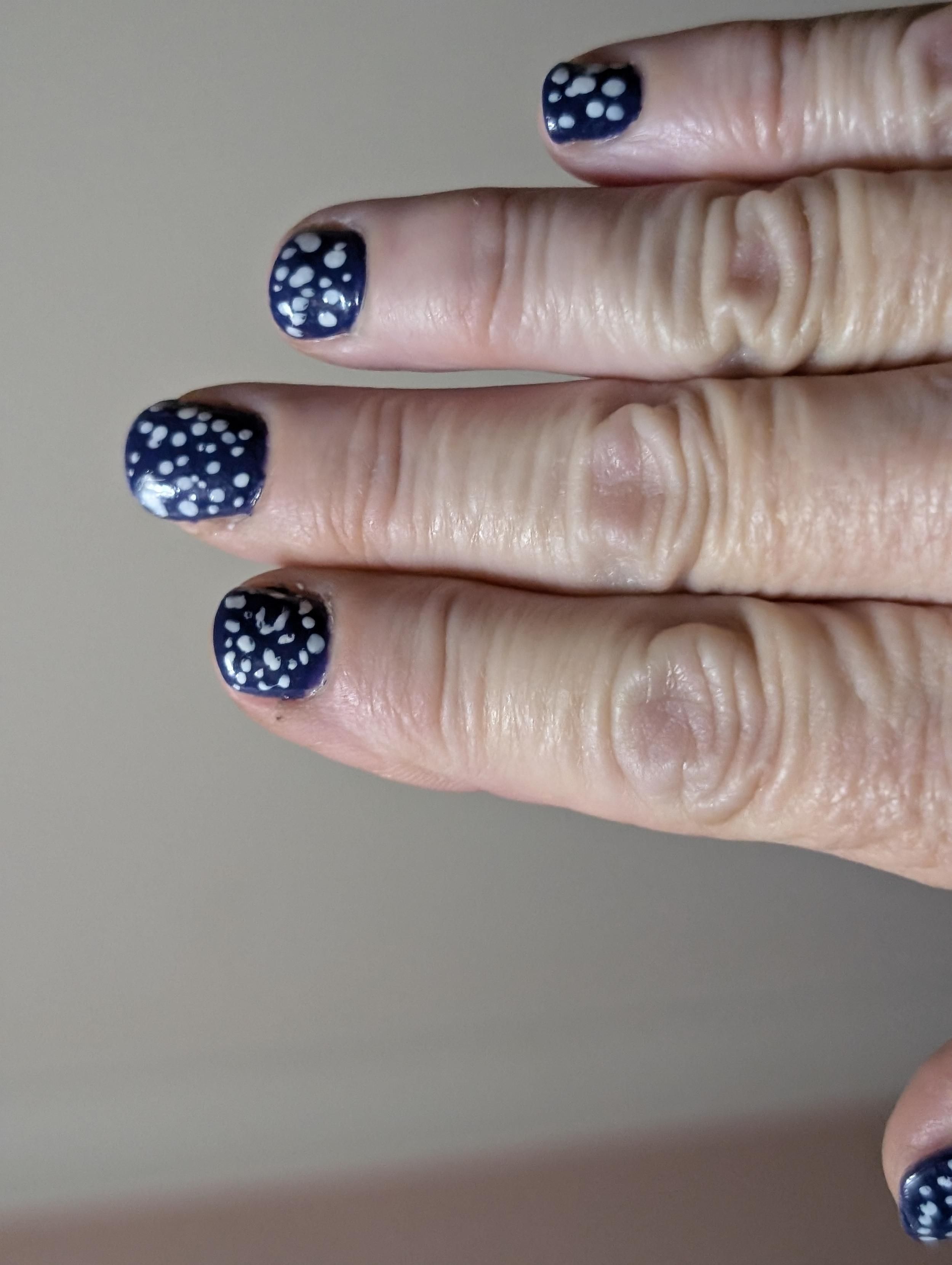 My fingers are nails painted purple with white dots. I broke two finger nails yesterday, pout